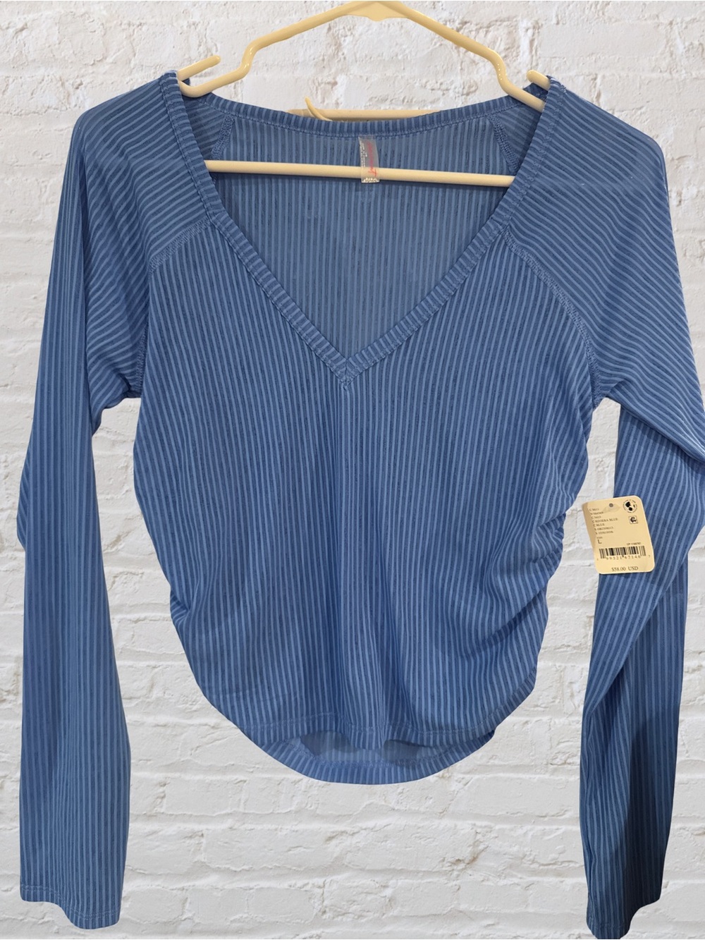 FP Movement by Free People Blue Ribbed V-Neck Long Sleeve Top